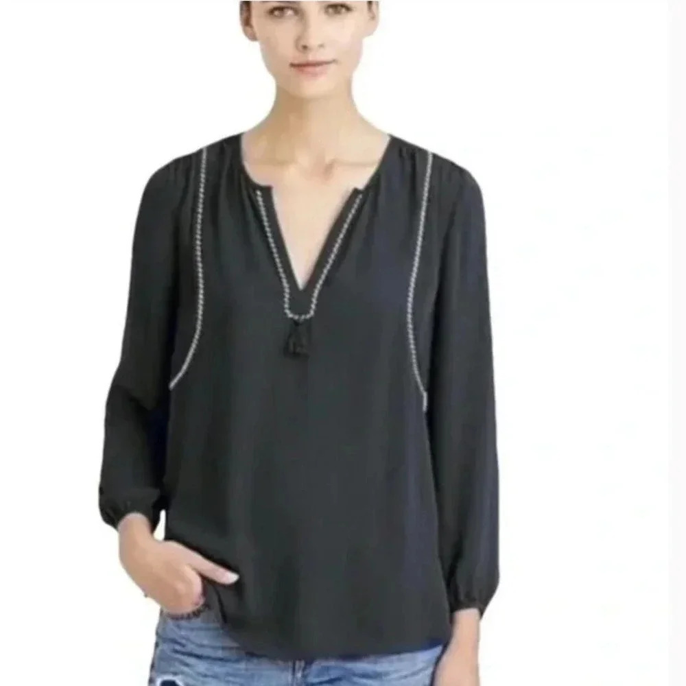 J. Crew Tassel Trim Black Split V-neck Blouse Size 4